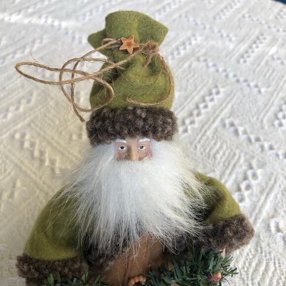 VTG Woodland Santa Tree Topper 7.5" Green Felt Rustic Christmas Décor Cottage - Picture 2 of 9